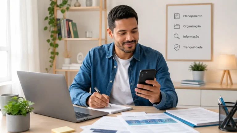 Pessoa consultando informações sobre como dar entrada no seguro desemprego em notebook e celular, com documentos sobre a mesa