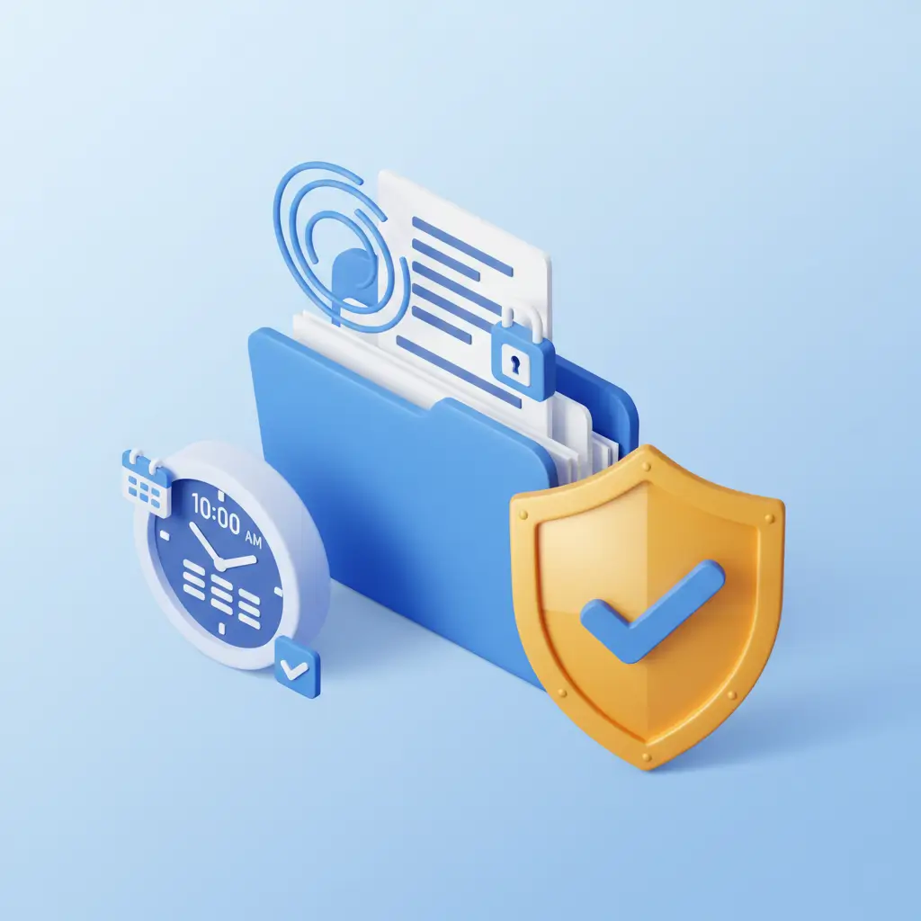 Ilustração 3D de escudo de segurança protegendo documentos oficiais do INSS.