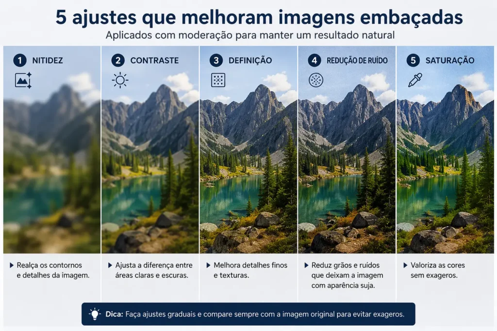 Infográfico com ajustes para melhorar imagens embaçadas, incluindo nitidez, contraste, definição, redução de ruído e saturação