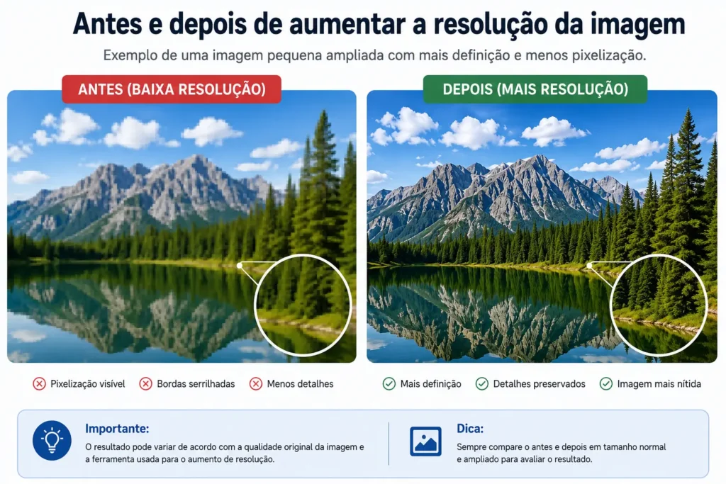 Comparação entre imagem em baixa resolução e imagem com mais definição após ampliação
