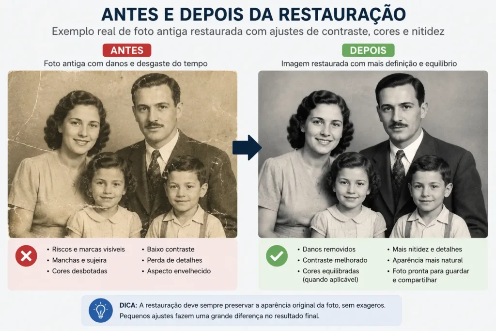 Comparação entre foto antiga desgastada e versão restaurada com mais contraste e nitidez