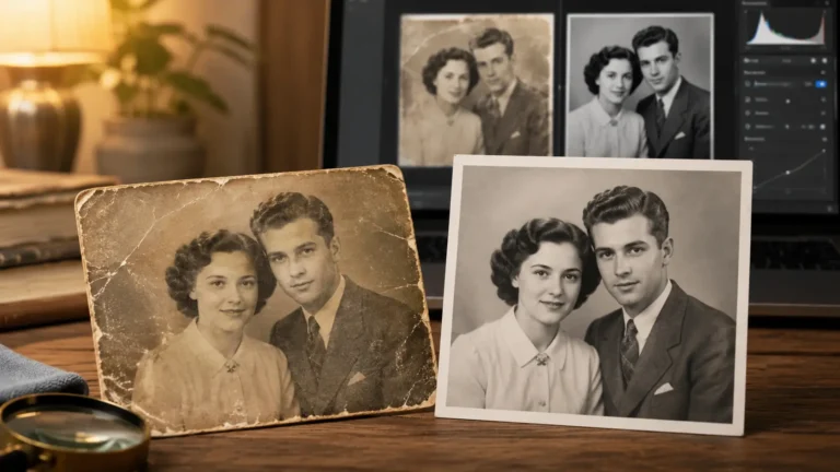 Foto antiga sendo restaurada em uma tela de edição