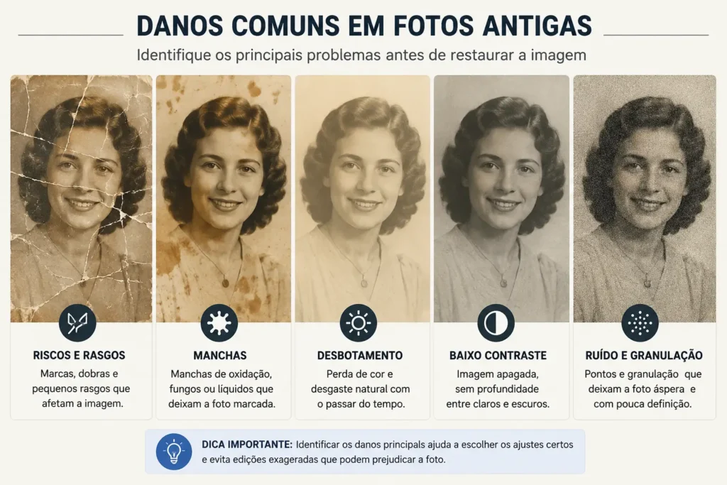 Infográfico com danos comuns em fotos antigas, como riscos, manchas, desbotamento, baixo contraste, ruído e granulação