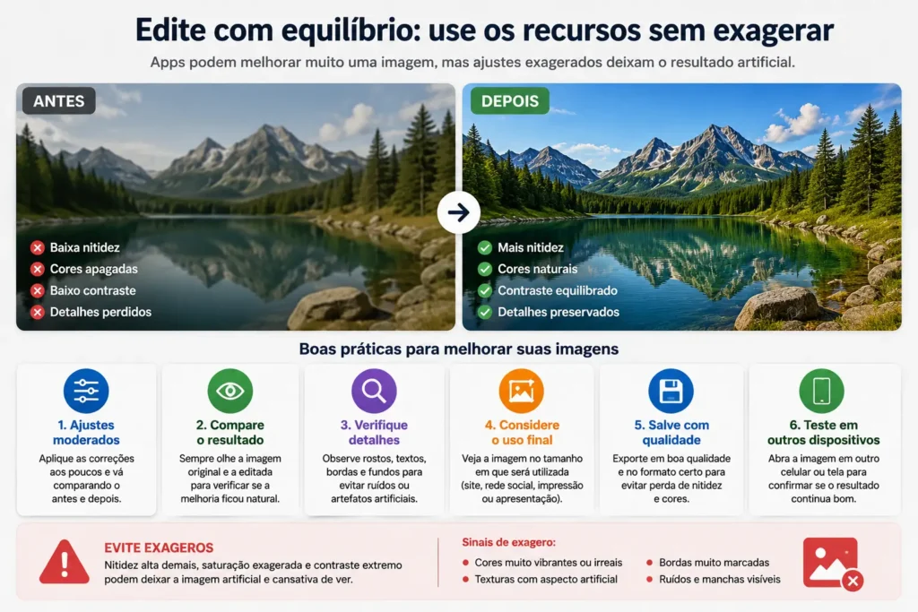 Infográfico sobre como usar apps para melhorar imagem com ajustes moderados e resultado natural