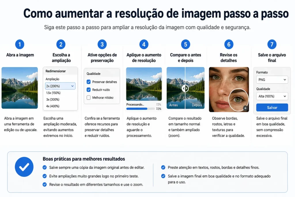Infográfico com passo a passo para aumentar a resolução de uma imagem