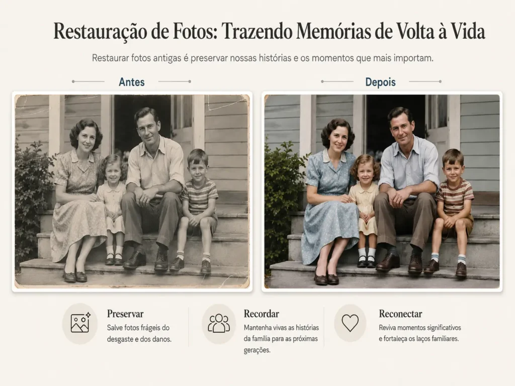 Comparação entre foto antiga em preto e branco e versão restaurada com cores suaves