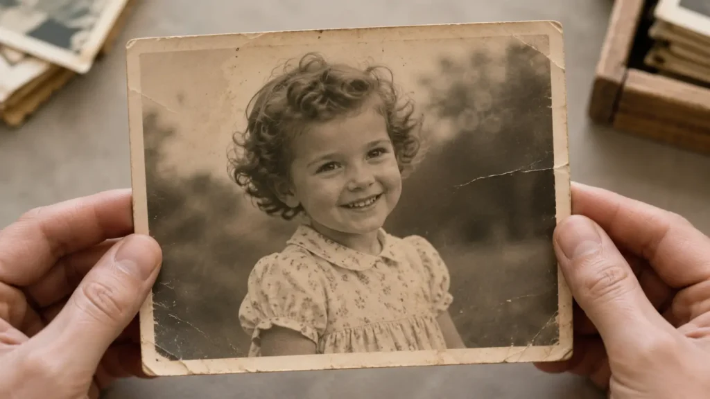 Foto antiga com aparência desgastada, pequenos danos e perda de contraste