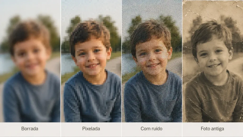 Comparação visual entre imagem borrada, pixelada, com ruído e foto antiga