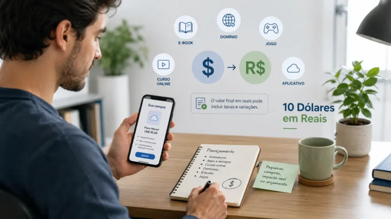 Pessoa analisando uma pequena compra internacional em dólar no notebook, com referência à conversão de 10 dólares em reais