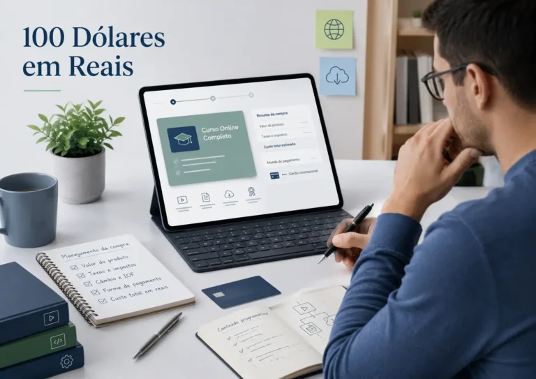 Pessoa analisando pagamento internacional no notebook, representando 100 dólares em reais em curso, software ou assinatura anual