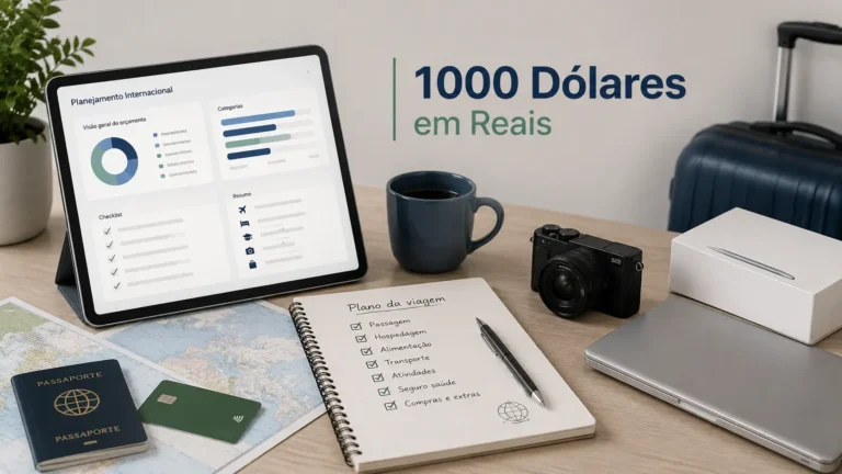 Mesa de planejamento com notebook, mala e cartão genérico representando 1000 dólares em reais para viagem ou compra de maior valor