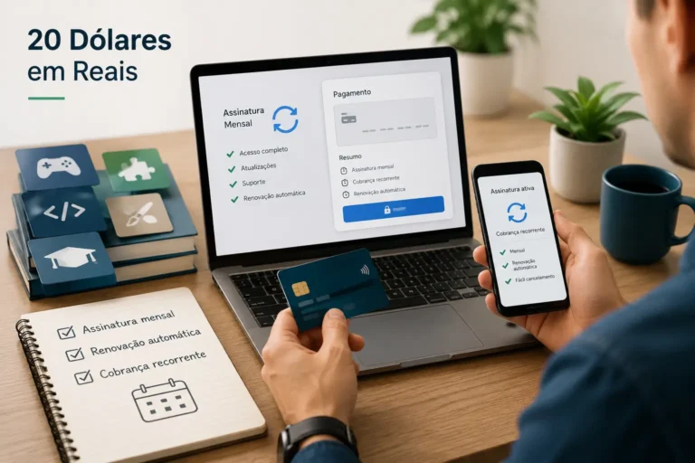 Pessoa analisando assinatura digital em dólar no notebook, representando 20 dólares em reais e cobrança recorrente