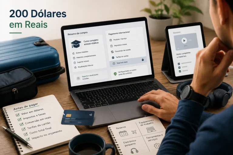 Pessoa analisando pagamento internacional no notebook, representando 200 dólares em reais em compra maior, reserva ou equipamento de trabalho