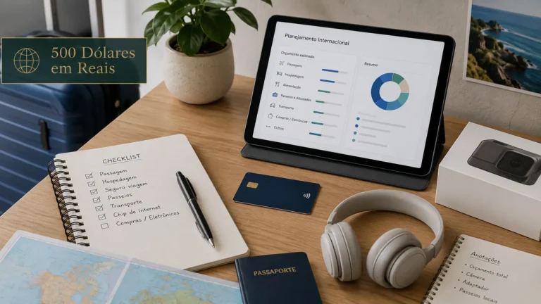 Mesa de planejamento com mala, notebook e cartão genérico representando 500 dólares em reais para viagem ou compra internacional