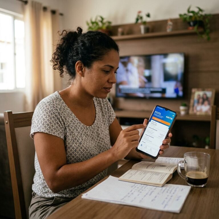 Pessoa consultando informações no aplicativo FGTS pelo celular