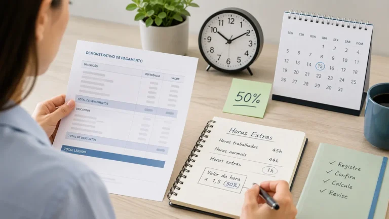 Como calcular hora extra 50% com holerite genérico, relógio e anotações de jornada