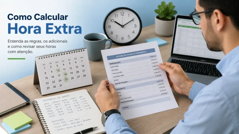 Como calcular hora extra com pessoa analisando holerite genérico, relógio e jornada de trabalho
