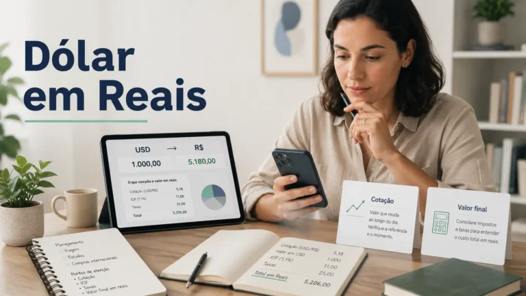 Pessoa analisando a conversão de dólar em reais em notebook