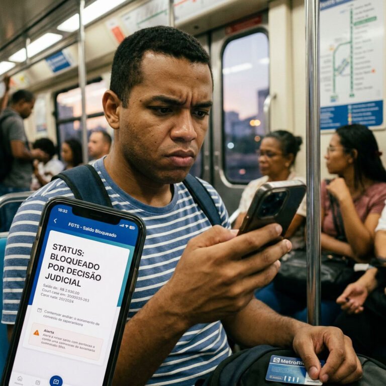 Pessoa consultando informações sobre FGTS bloqueado por decisão judicial no celular