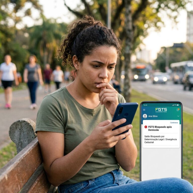 Pessoa consultando informações sobre FGTS bloqueado depois da demissão no celular