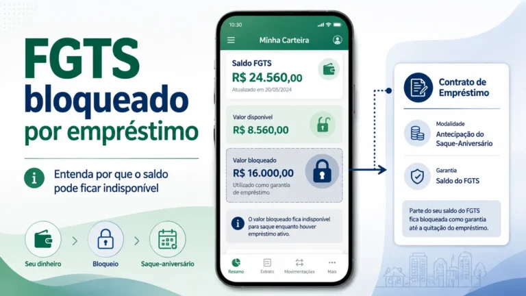 Ilustração sobre FGTS bloqueado por empréstimo com saldo no celular e contrato de antecipação