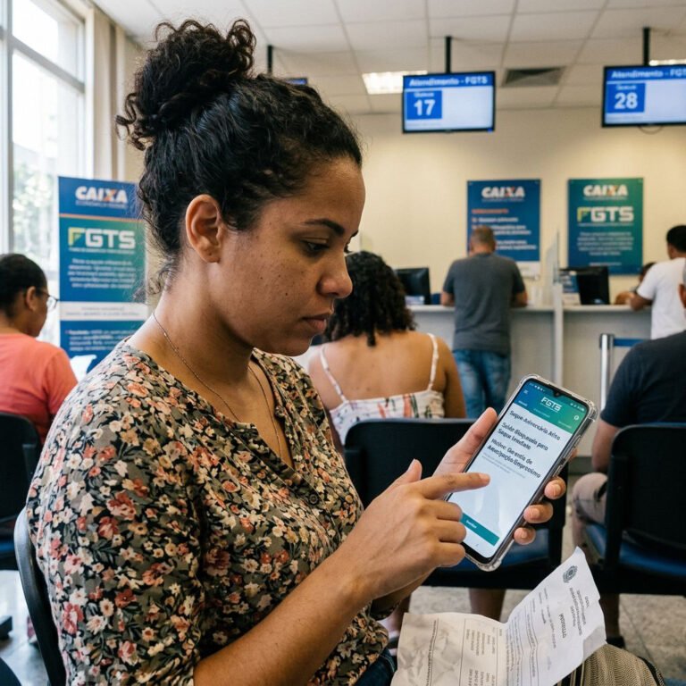 Pessoa conferindo informações sobre FGTS bloqueado por saque-aniversário no celular
