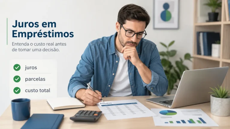 Pessoa analisando juros em empréstimos, parcelas e custo total antes de decidir