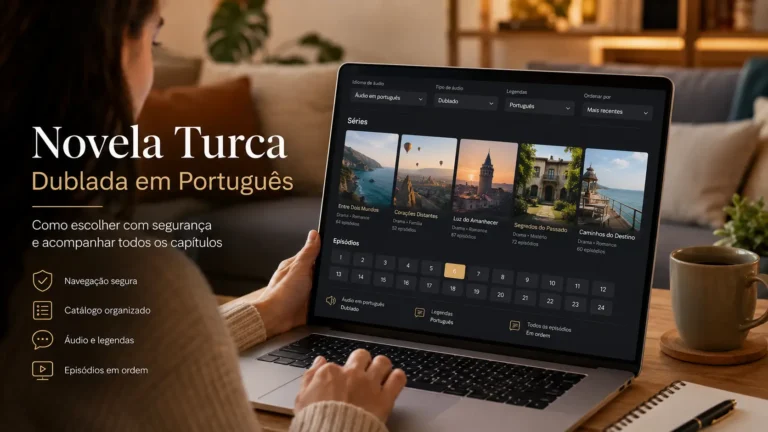 Pessoa pesquisando novela turca dublada em português em catálogo online genérico com opções de áudio e legenda
