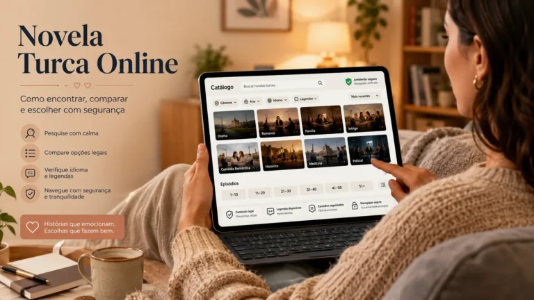 Pessoa pesquisando novela turca online em catálogo genérico com elementos de segurança, idioma e capítulos