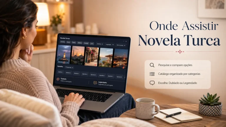 Pessoa pesquisando onde assistir novela turca em notebook com catálogo genérico online, opções de idioma e ambiente editorial moderno