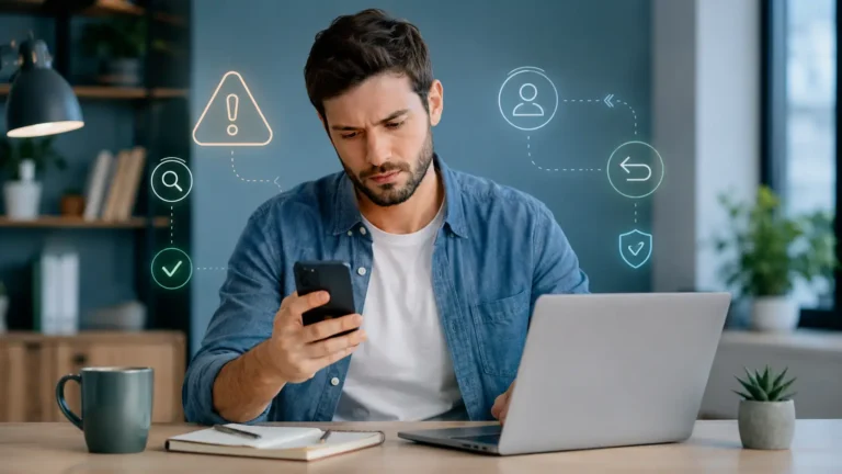Pessoa conferindo um Pix enviado errado em uma transação digital genérica no celular e notebook