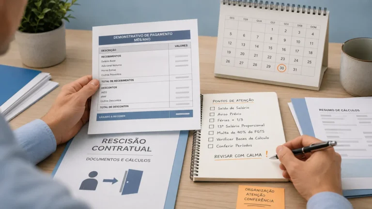 Rescisão trabalhista como calcular com documentos genéricos, calendário e anotações de conferência