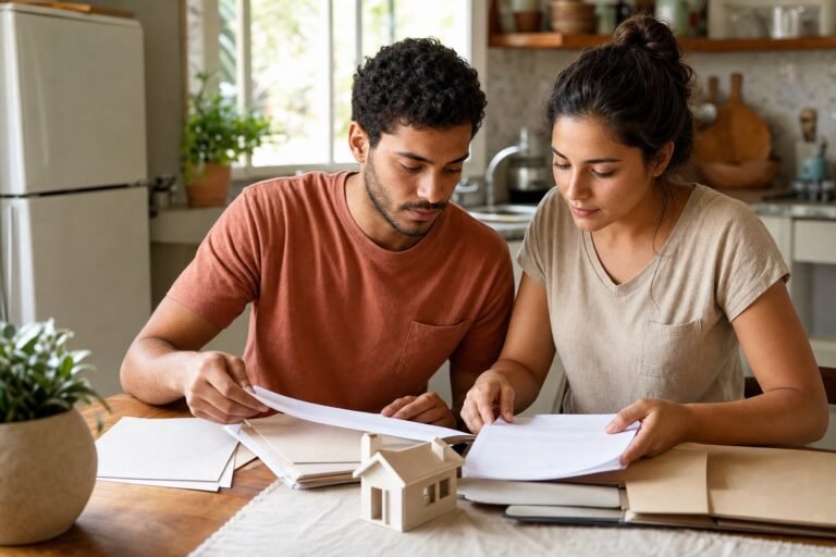Casal organizando documentos para o cadastro do Minha Casa Minha Vida em uma mesa com miniatura de casa