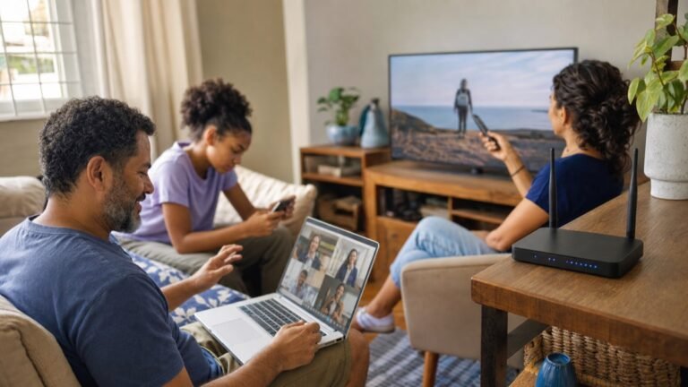 Família usando notebook, televisão e celular ao mesmo tempo com roteador Wi‑Fi em casa